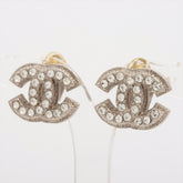 Chanel Coco Logo Rhinestone Silver Clip On Earrings